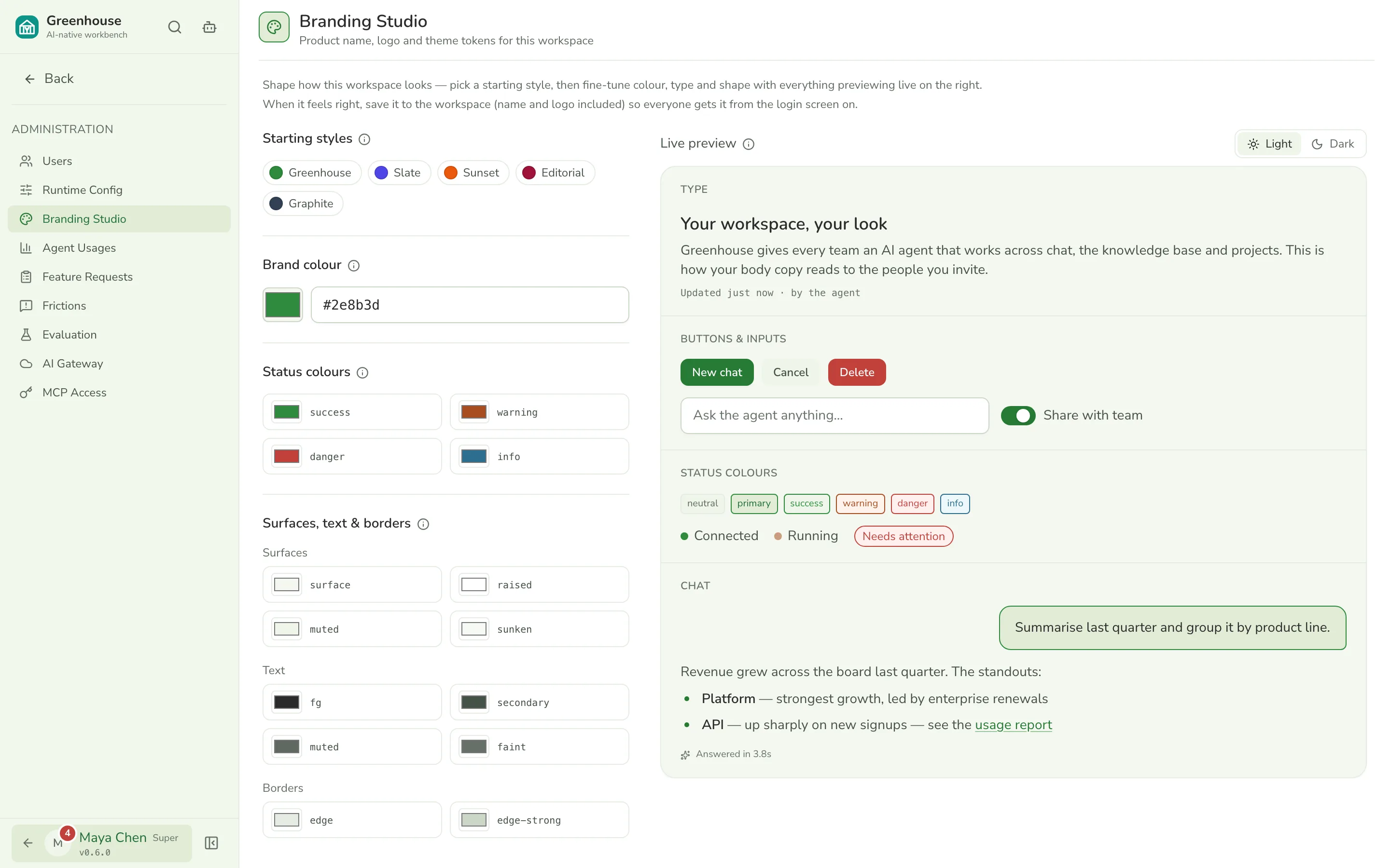 Branding Studio with logo and theme token controls