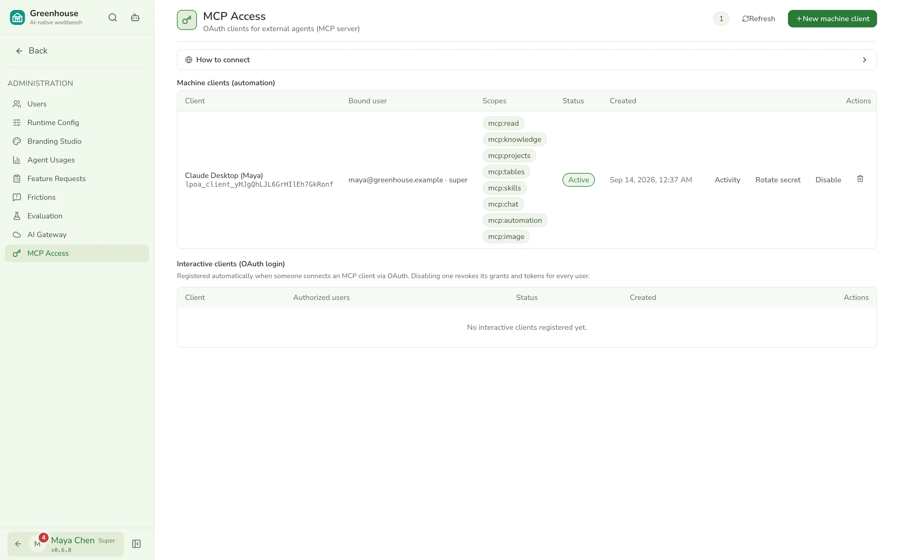 MCP Access page listing a machine client with least-privilege scopes