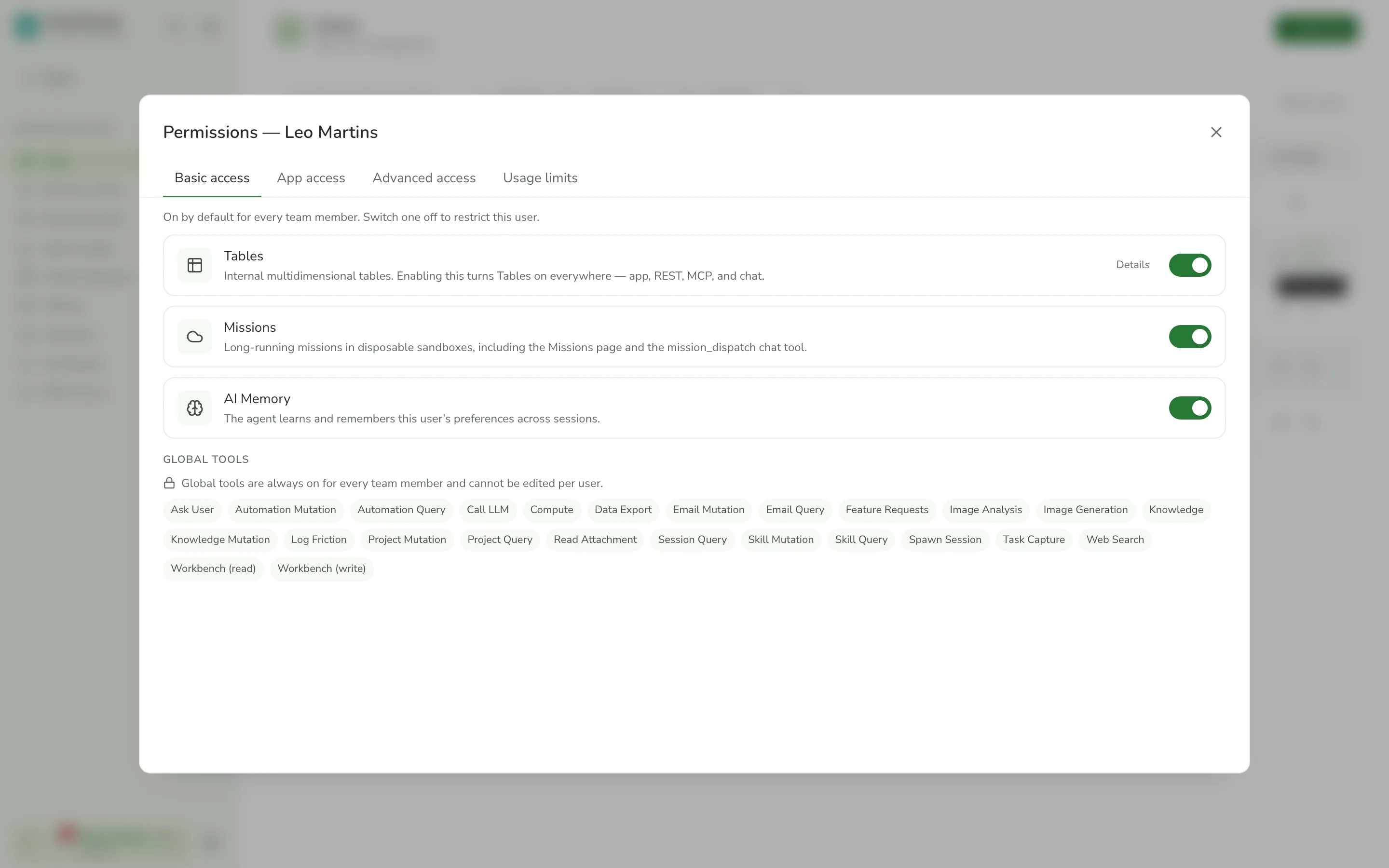 Per-user permissions dialog with basic, app and advanced access tabs
