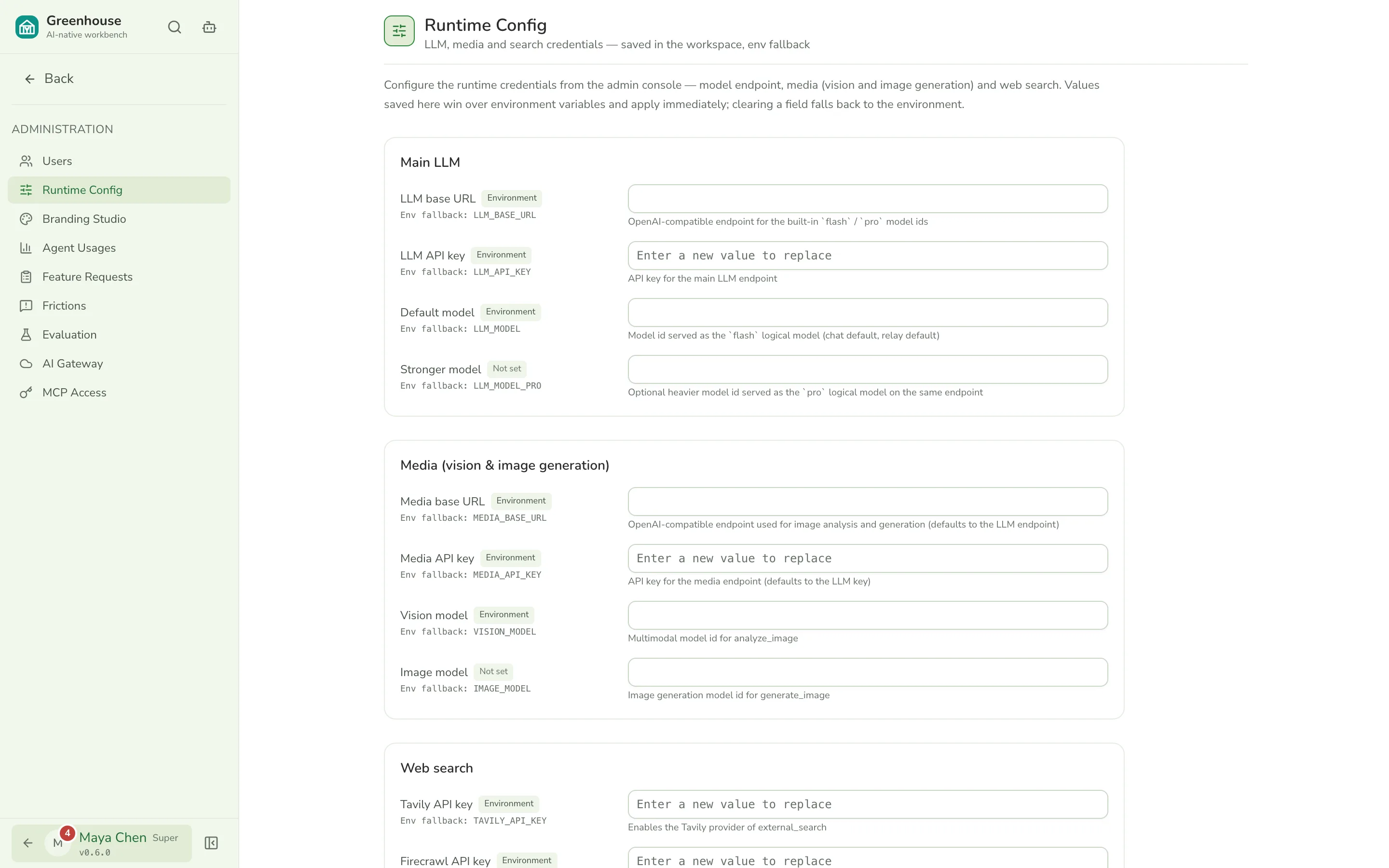 Runtime Config page with LLM, media and search settings