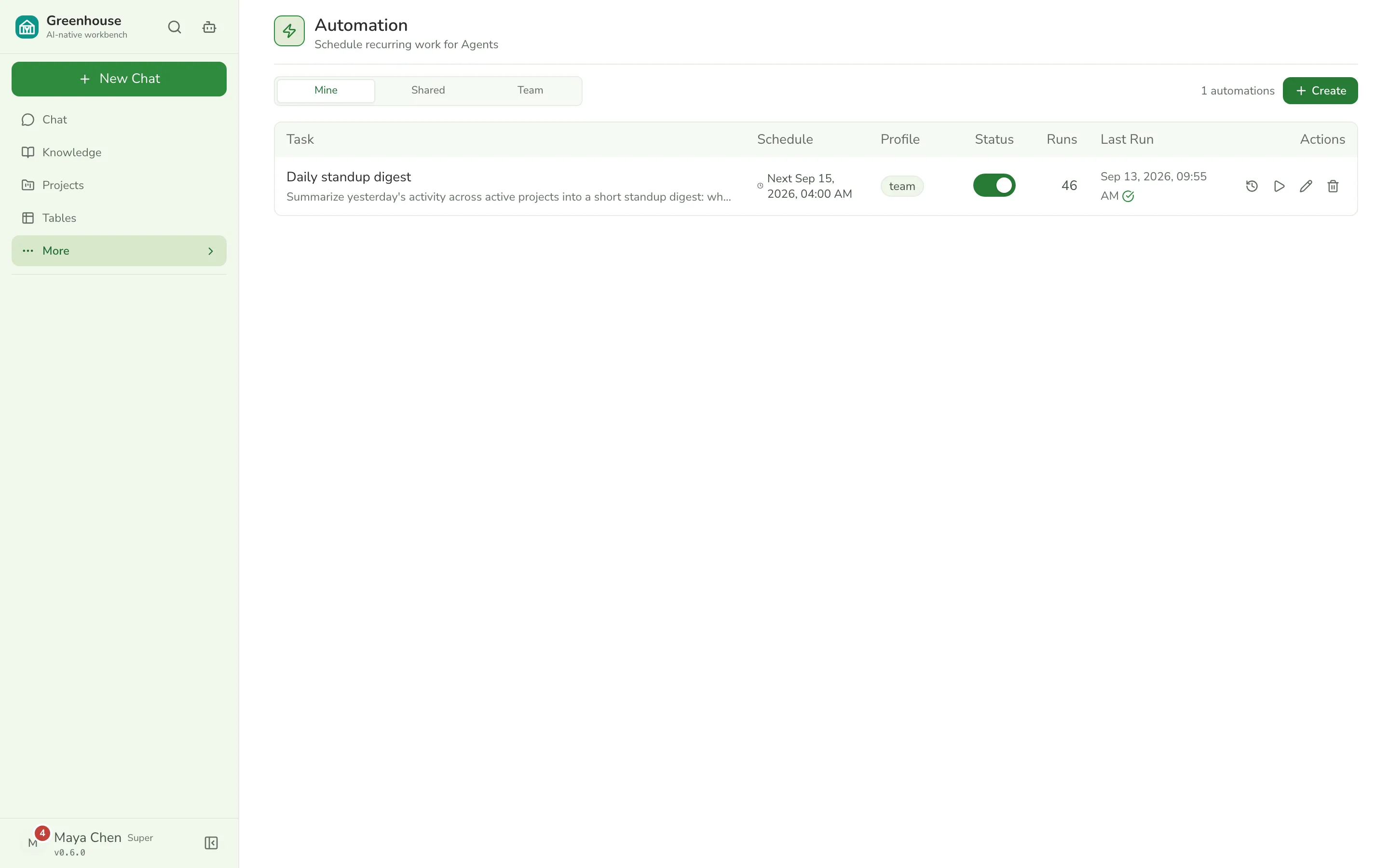 Automation page with a scheduled daily standup digest