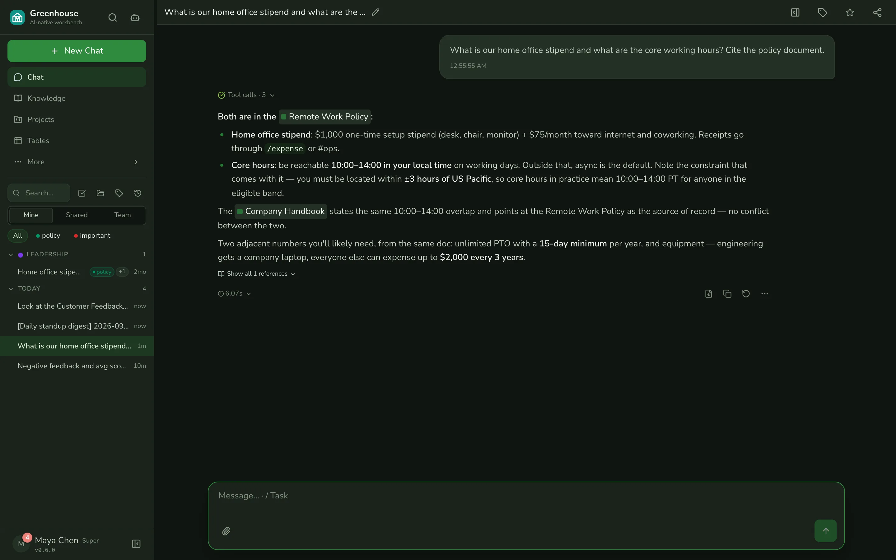 The same chat answer in the dark theme