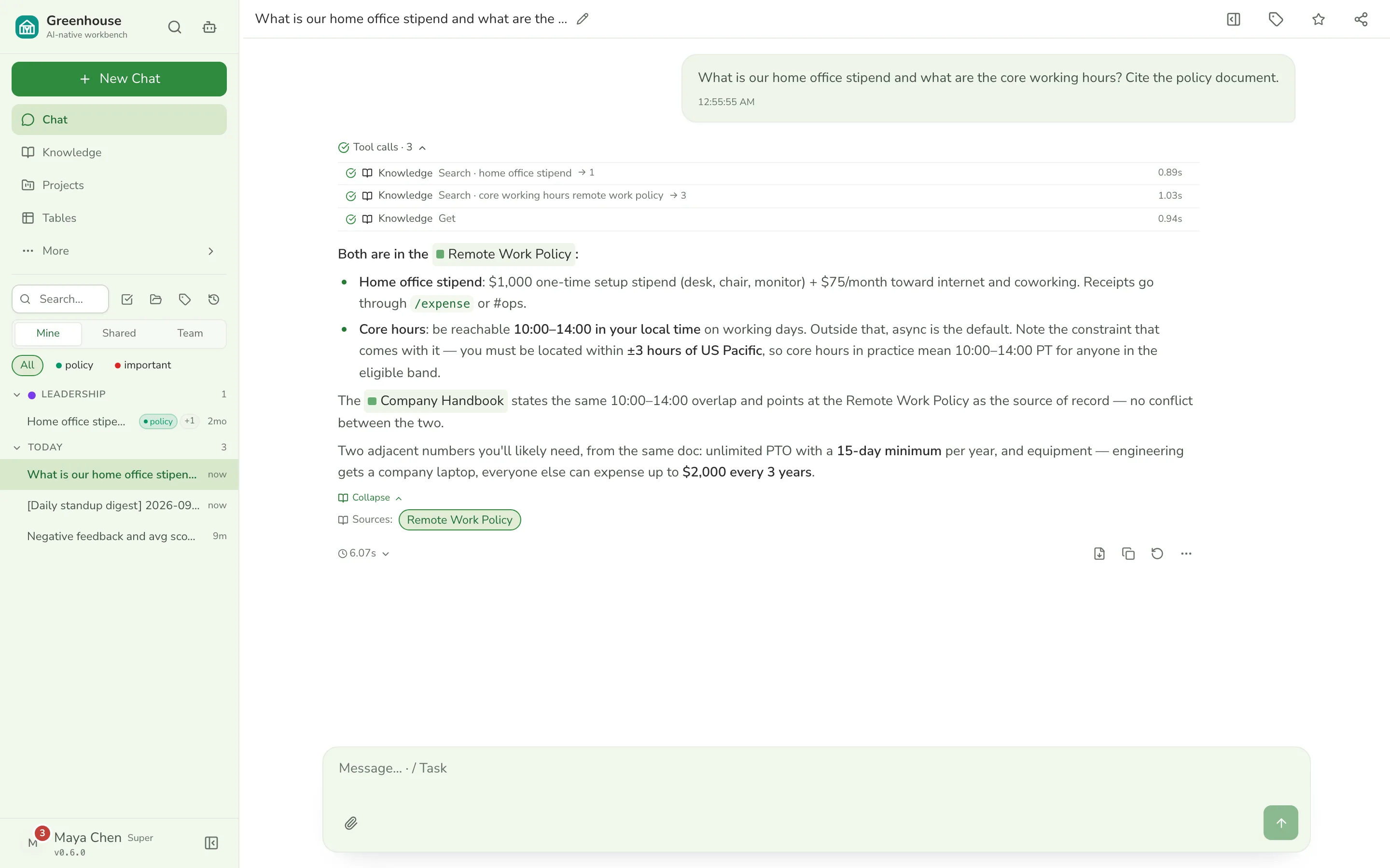 Chat answer with the tool-call trace expanded and the reference list open