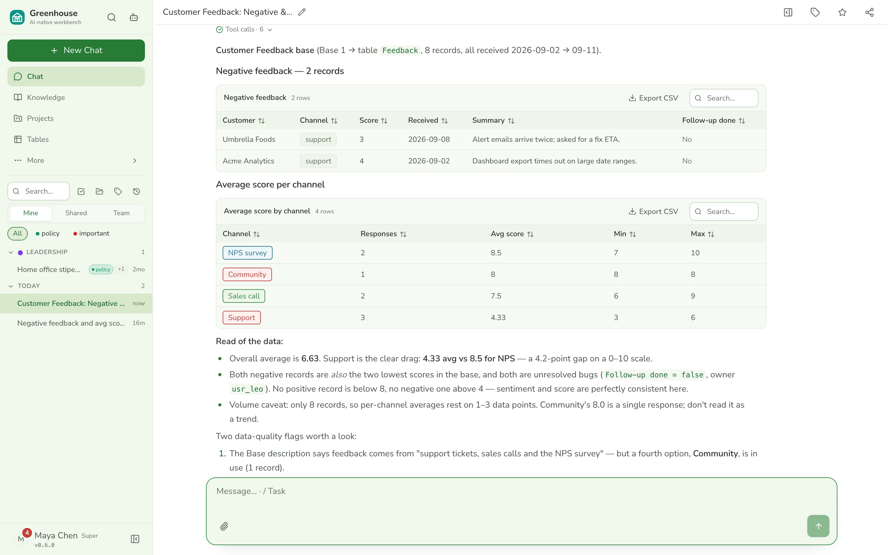 Chat answer analysing a Customer Feedback base with rendered tables