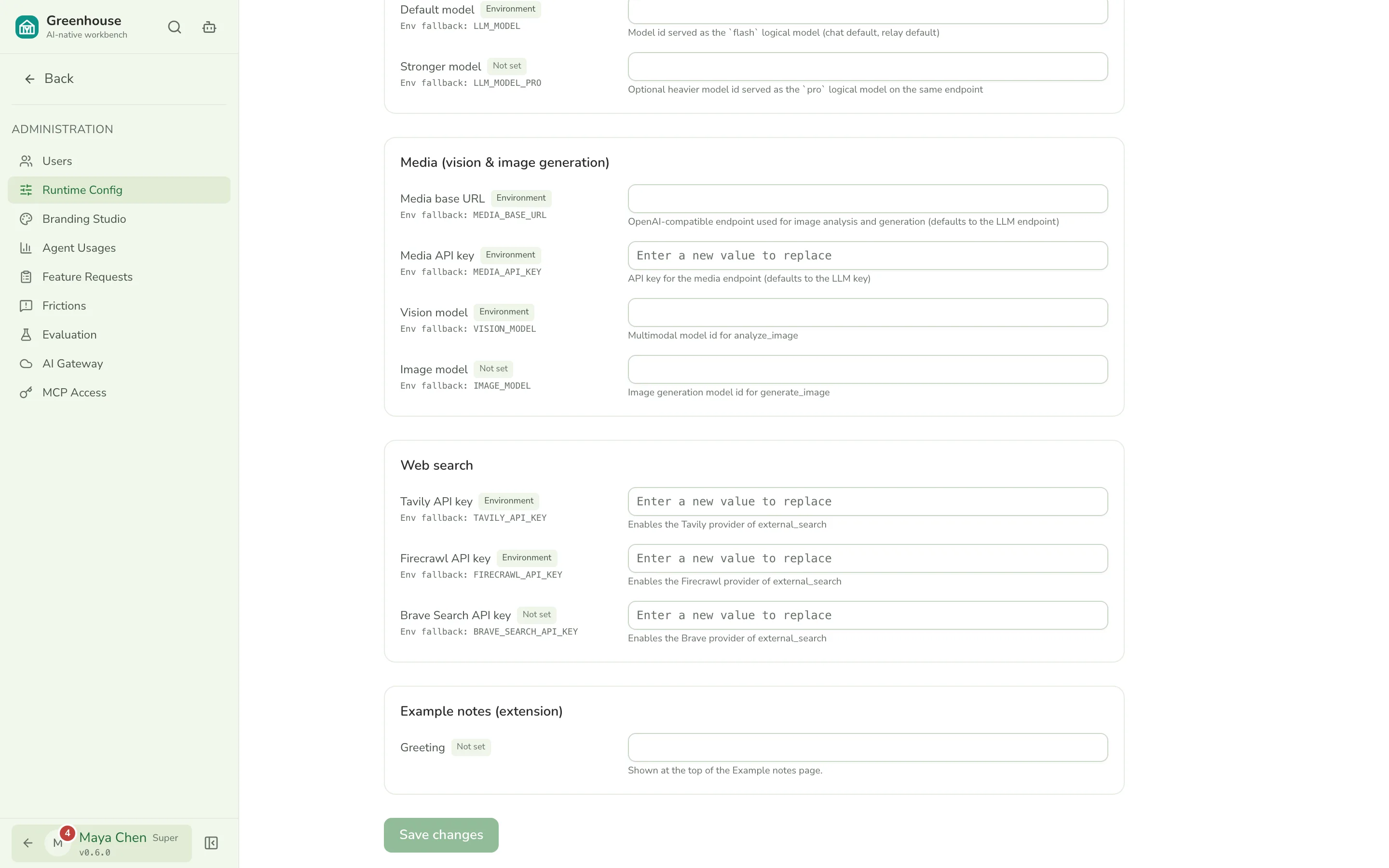 An extension's settings on the Runtime Config page