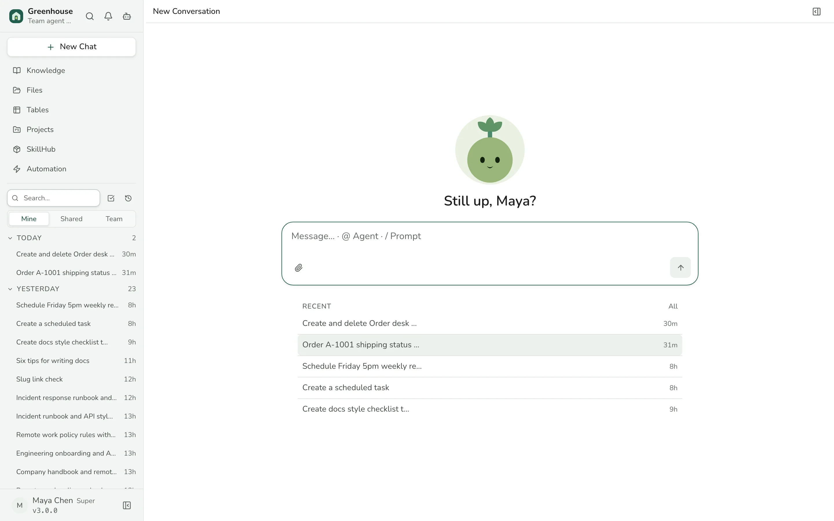 Home: the assistant, a greeting, the composer and recent conversations