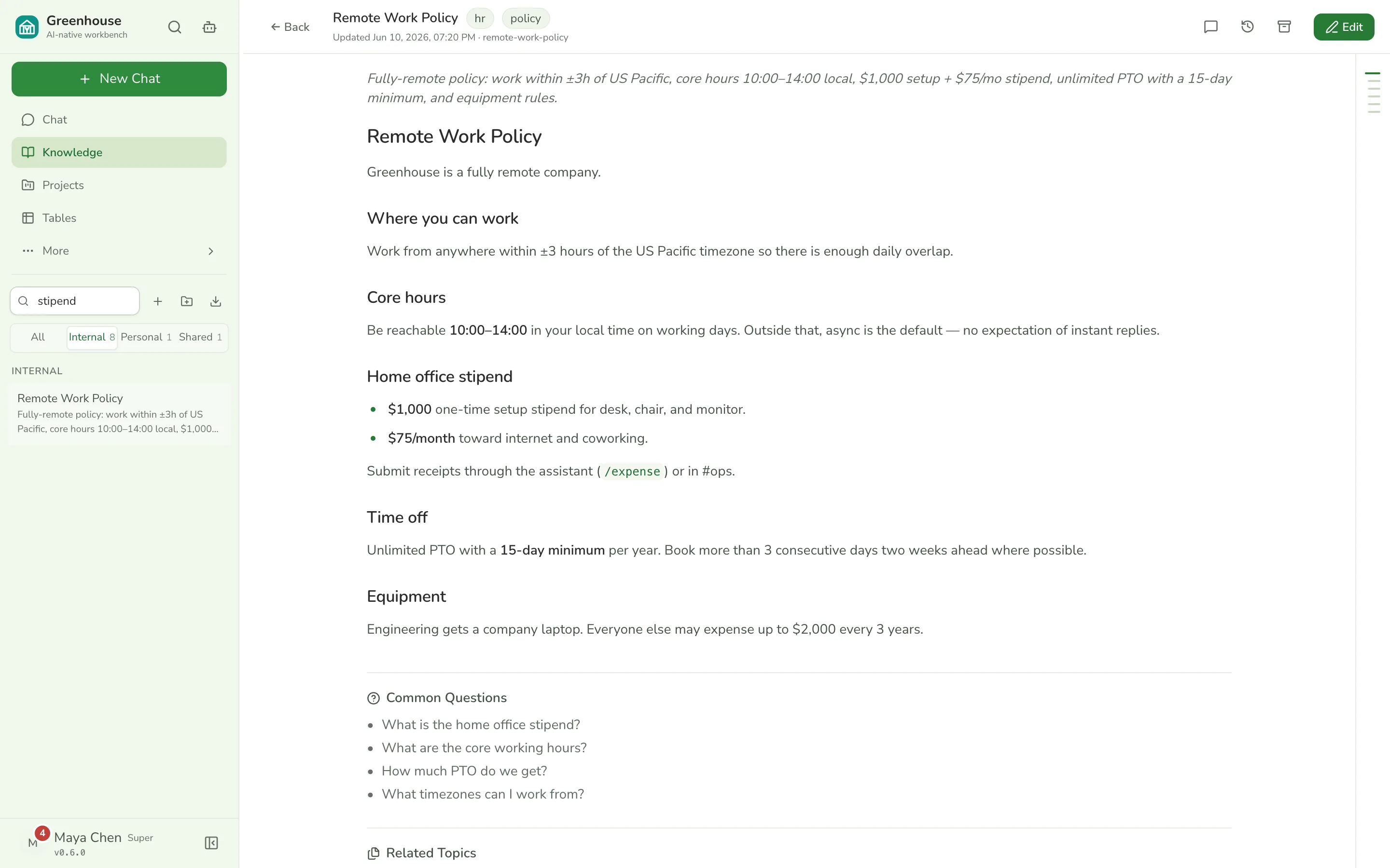 Knowledge base with a search hit open next to the results